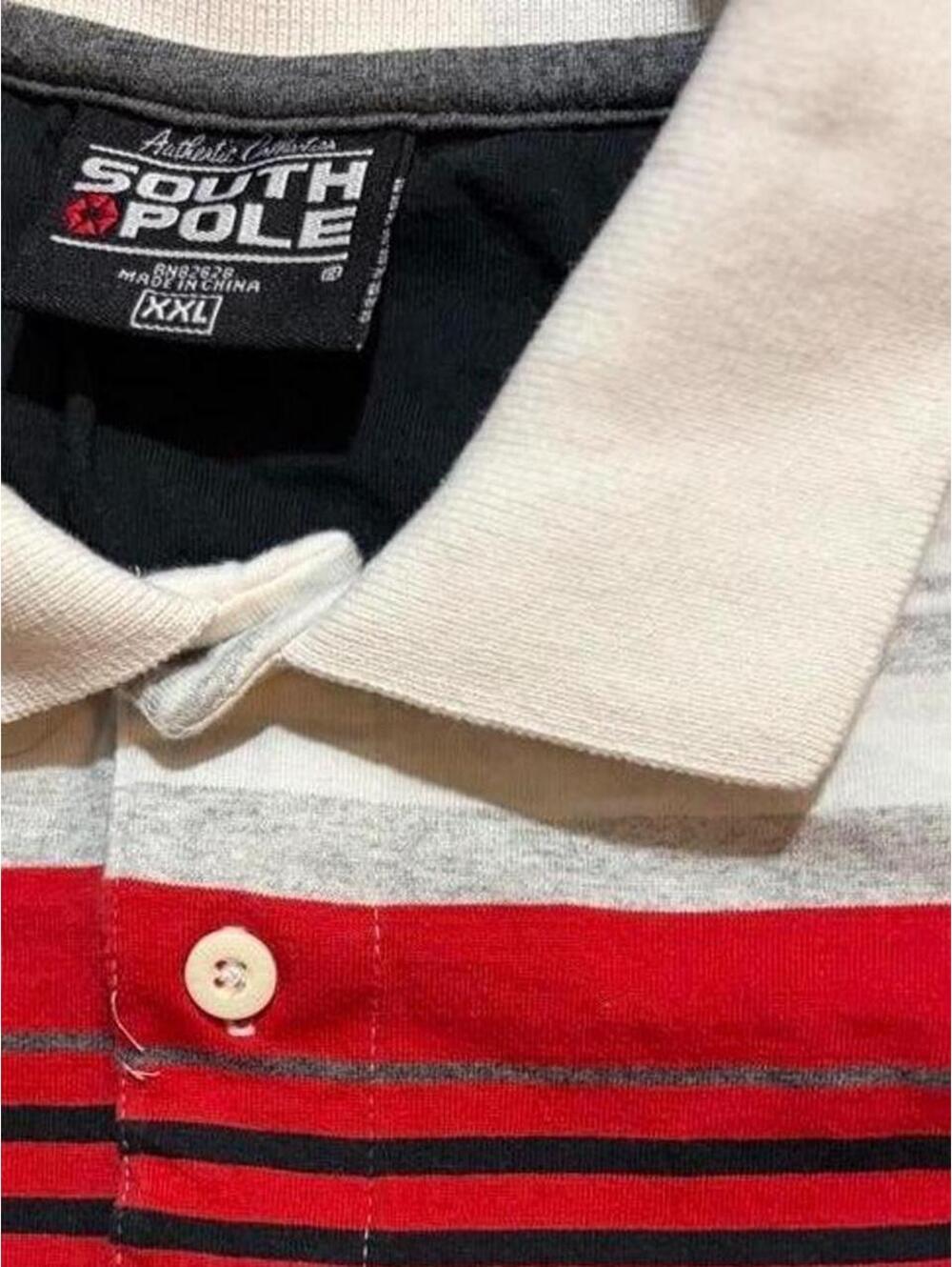 -Y2K grunge Southpole red, black, and white horizontal striped polo shirt